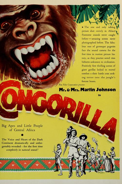 1932 年に公開されたドキュメンタリー映画「コンゴリラ」のオリジナル広告ポスター。 アフリカン・サファリの旅 マーティン&オサ・ジョンソン コンゴリラ